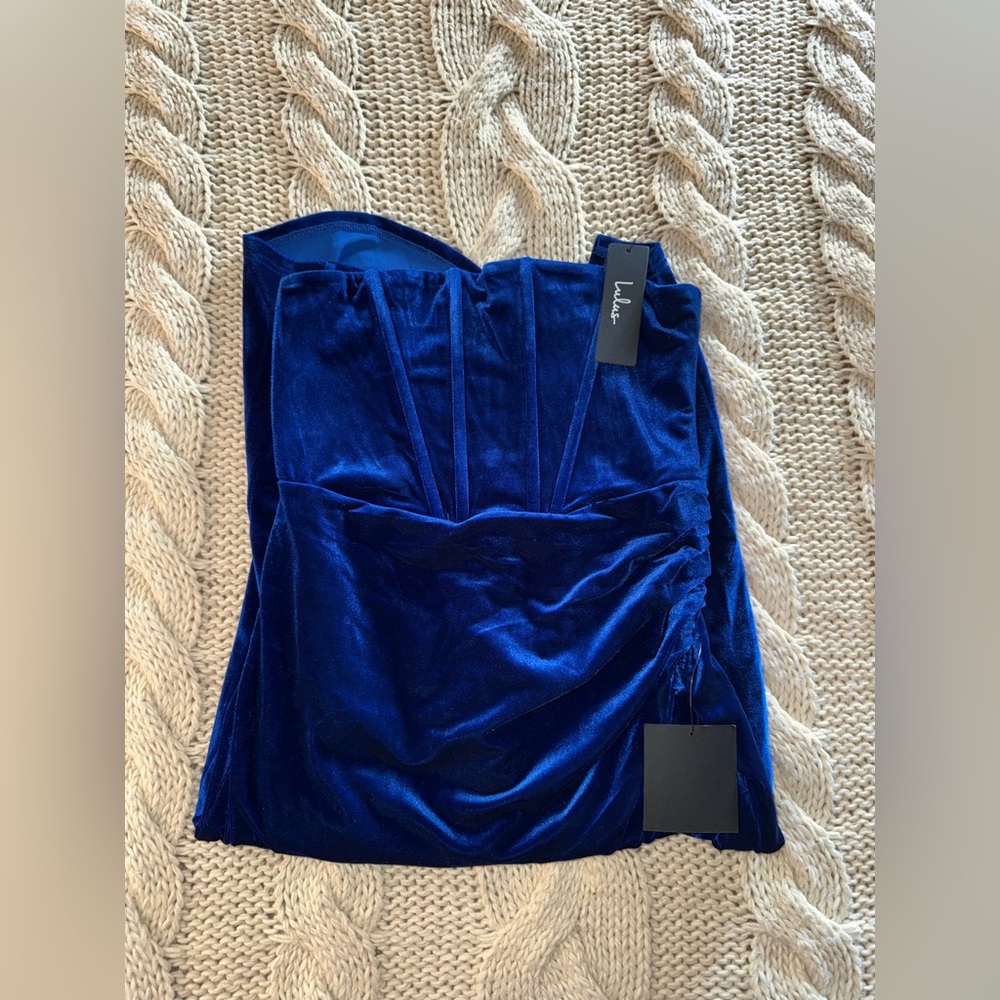 Lulus Glamorous Celebrations Royal Blue Velvet Strapless Tulip Dress (M) - Picture 5 of 5